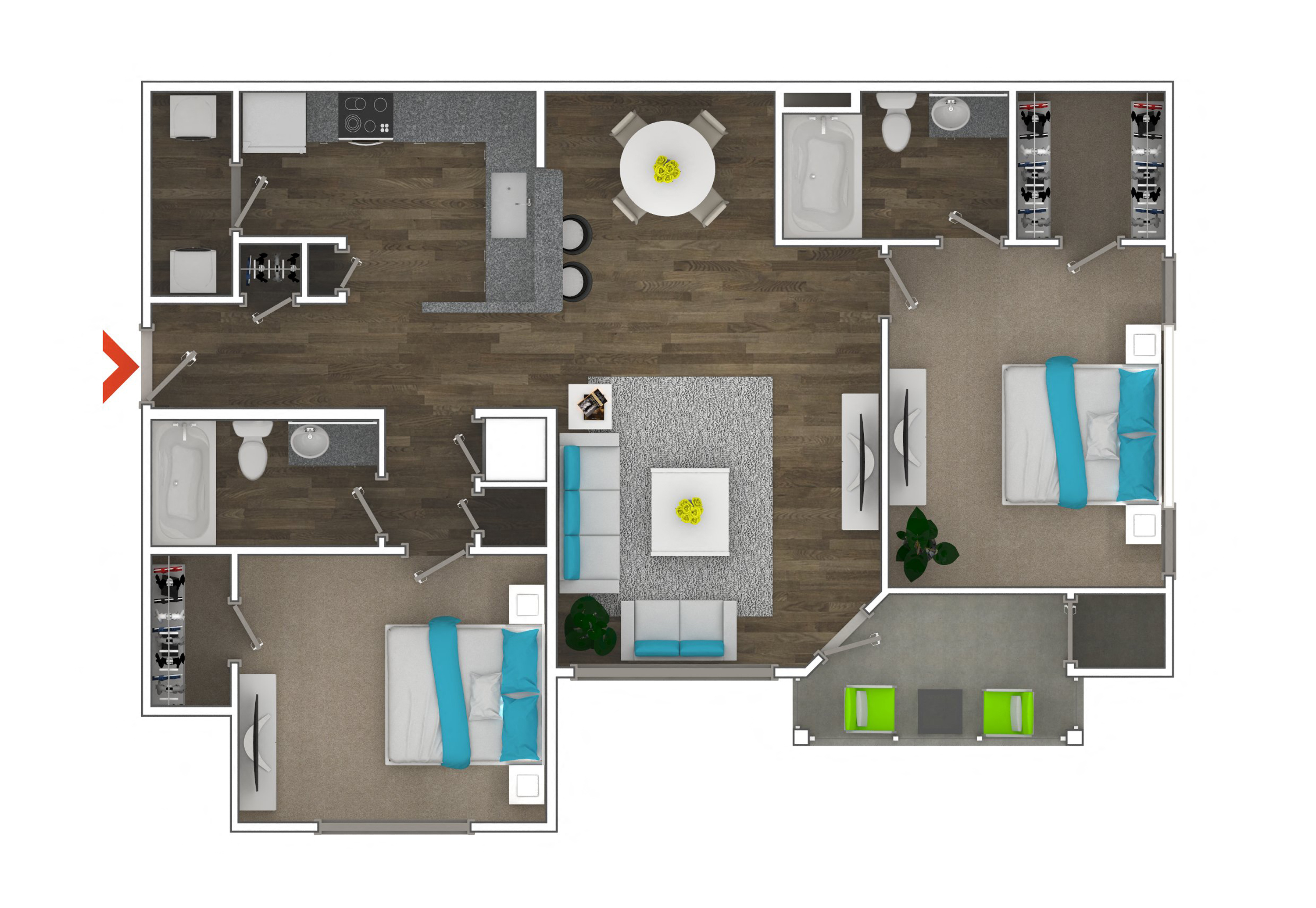 Floor plan for 2 beds, 2 baths, 1110 sqft